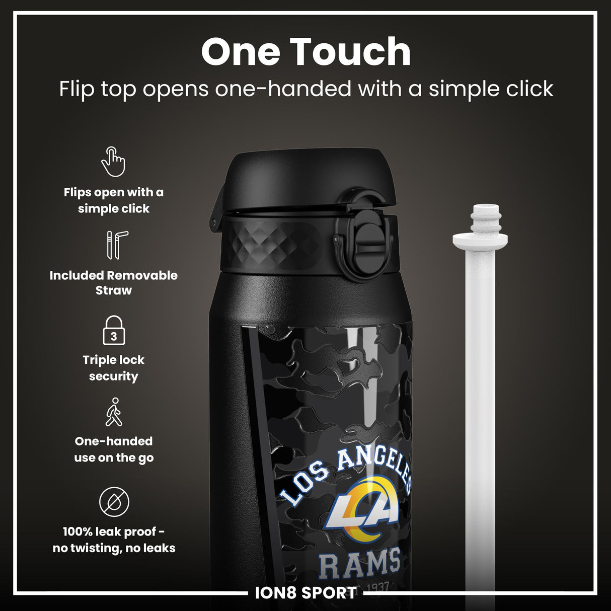 NFL x ION8 Insulated Steel Water Bottle, NFL Rams, 750ml (24oz)