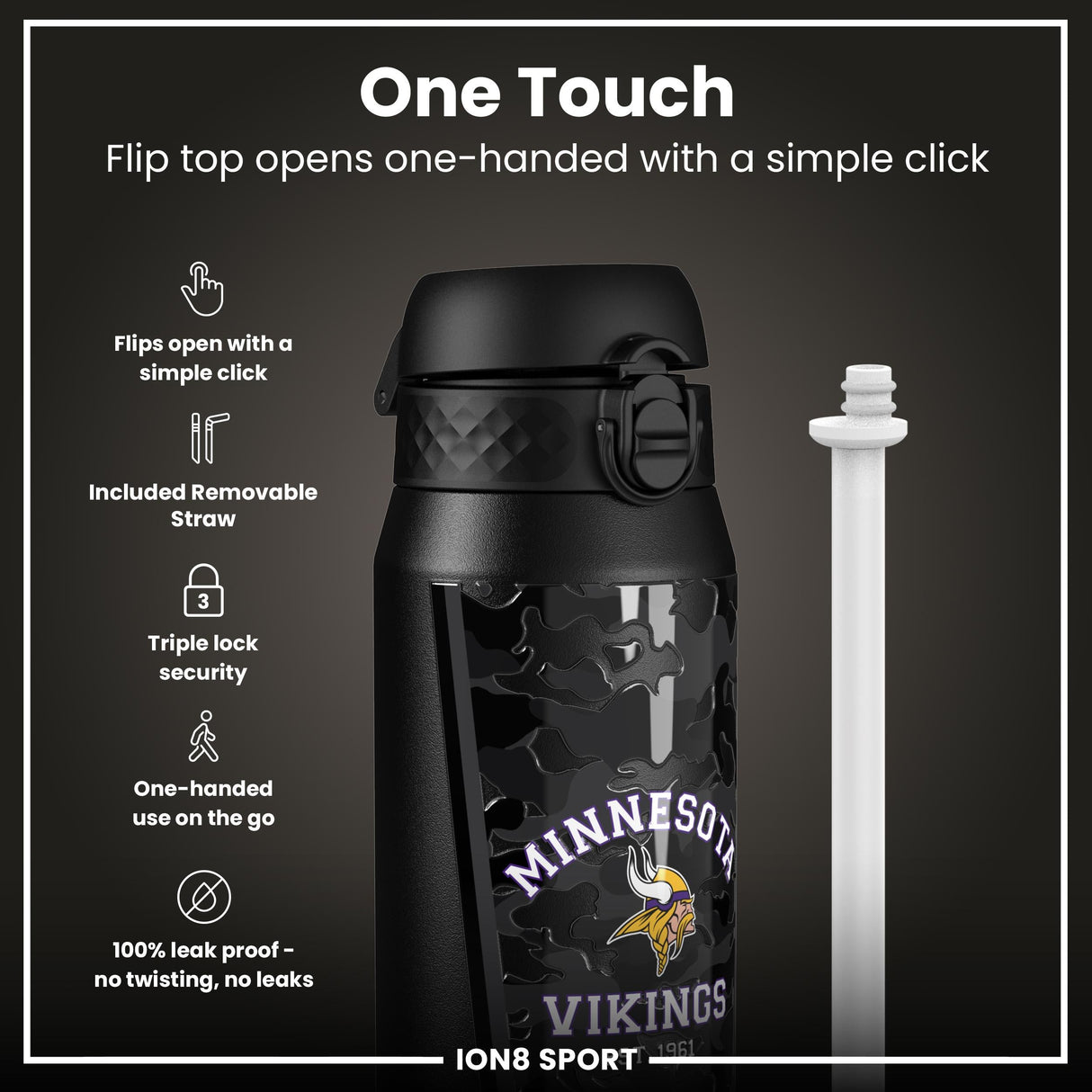 NFL x ION8 Insulated Steel Water Bottle, NFL Vikings, 750ml (24oz)