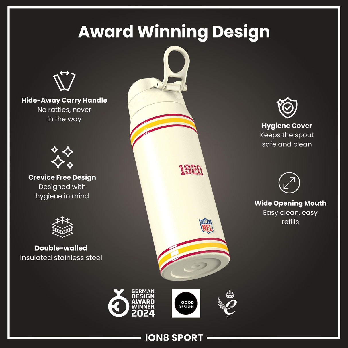 NFL x ION8 Insulated Steel Water Bottle, NFL Cardinals, 750ml (24oz)
