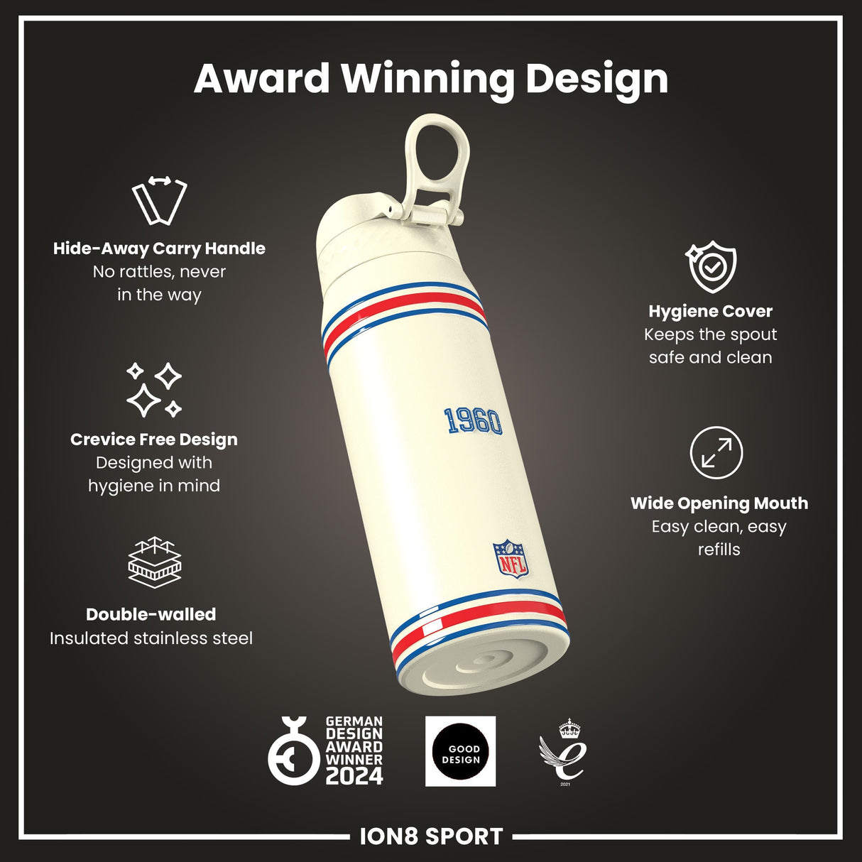 NFL x ION8 Insulated Steel Water Bottle, NFL Bills, 750ml (24oz)