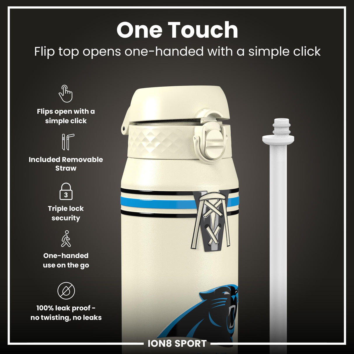 NFL x ION8 Insulated Steel Water Bottle, NFL Panthers, 750ml (24oz)