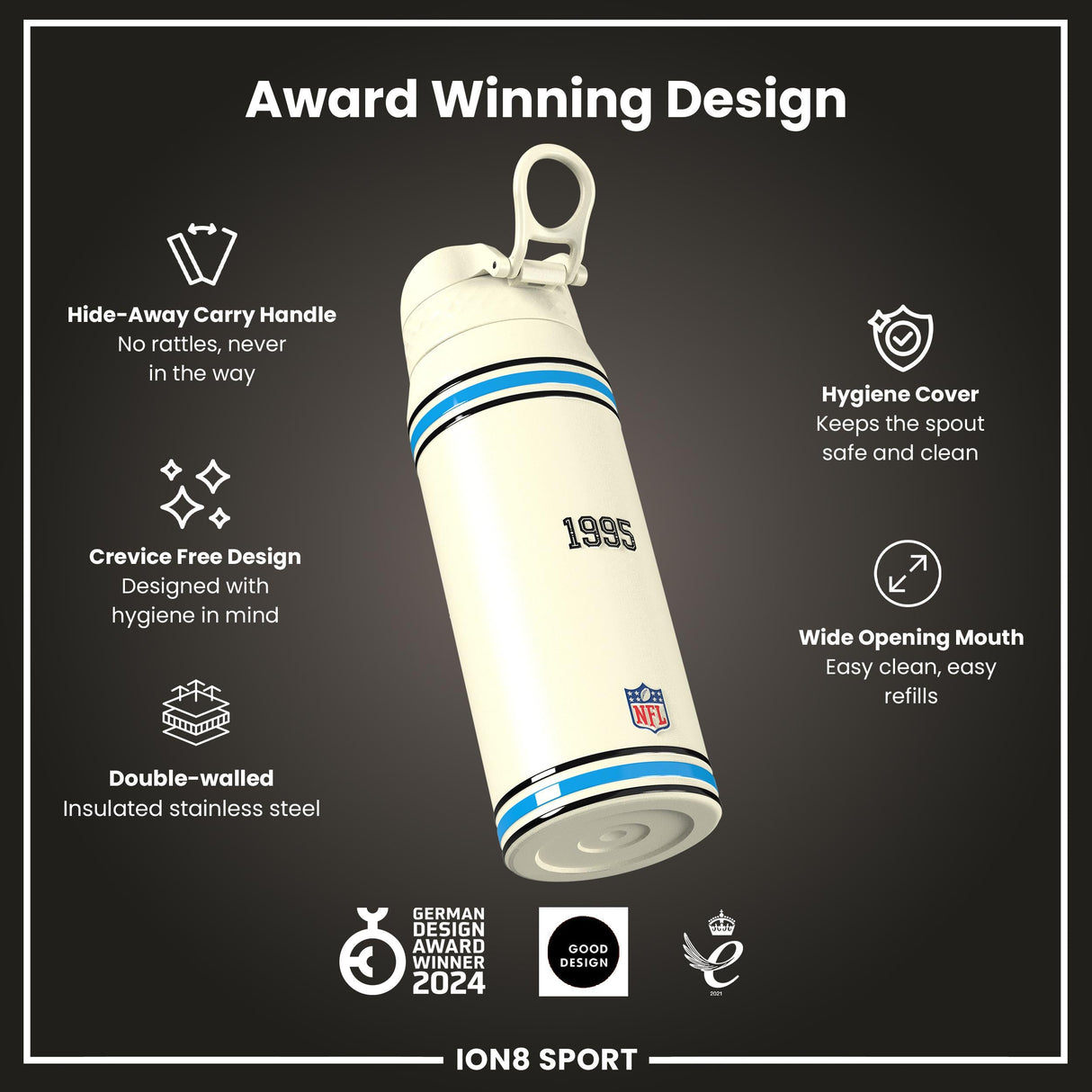 NFL x ION8 Insulated Steel Water Bottle, NFL Panthers, 750ml (24oz)