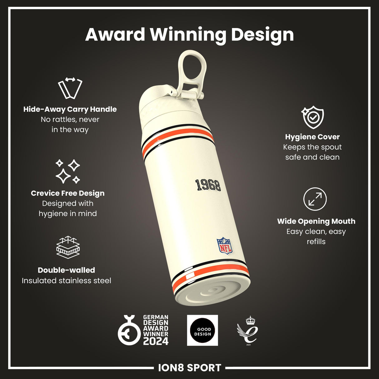 NFL x ION8 Insulated Steel Water Bottle, NFL Bengals, 750ml (24oz)