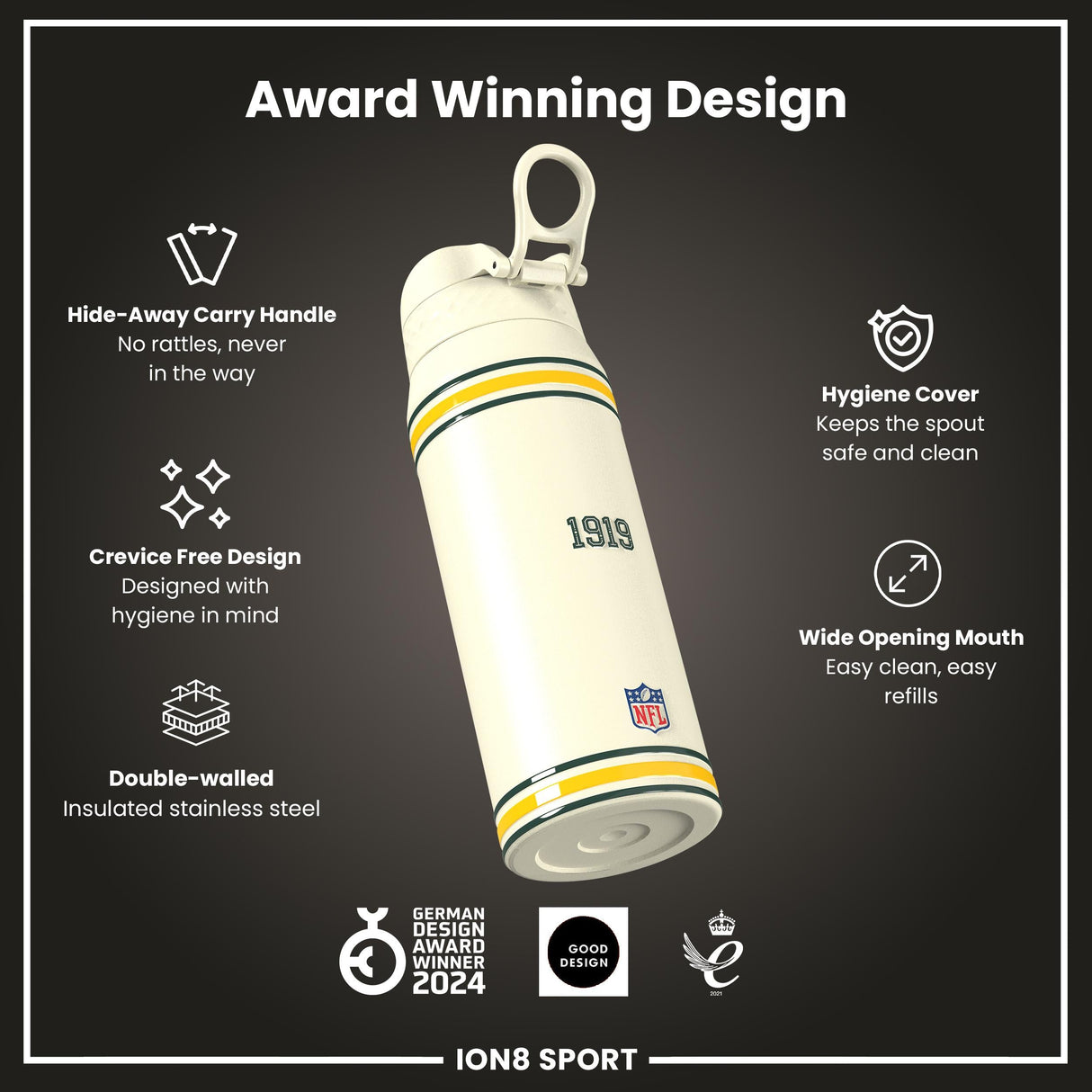 NFL x ION8 Insulated Steel Water Bottle, NFL Packers, 750ml (24oz)