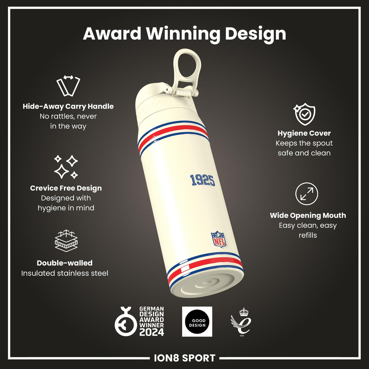 NFL x ION8 Insulated Steel Water Bottle, NFL Giants, 750ml (24oz)