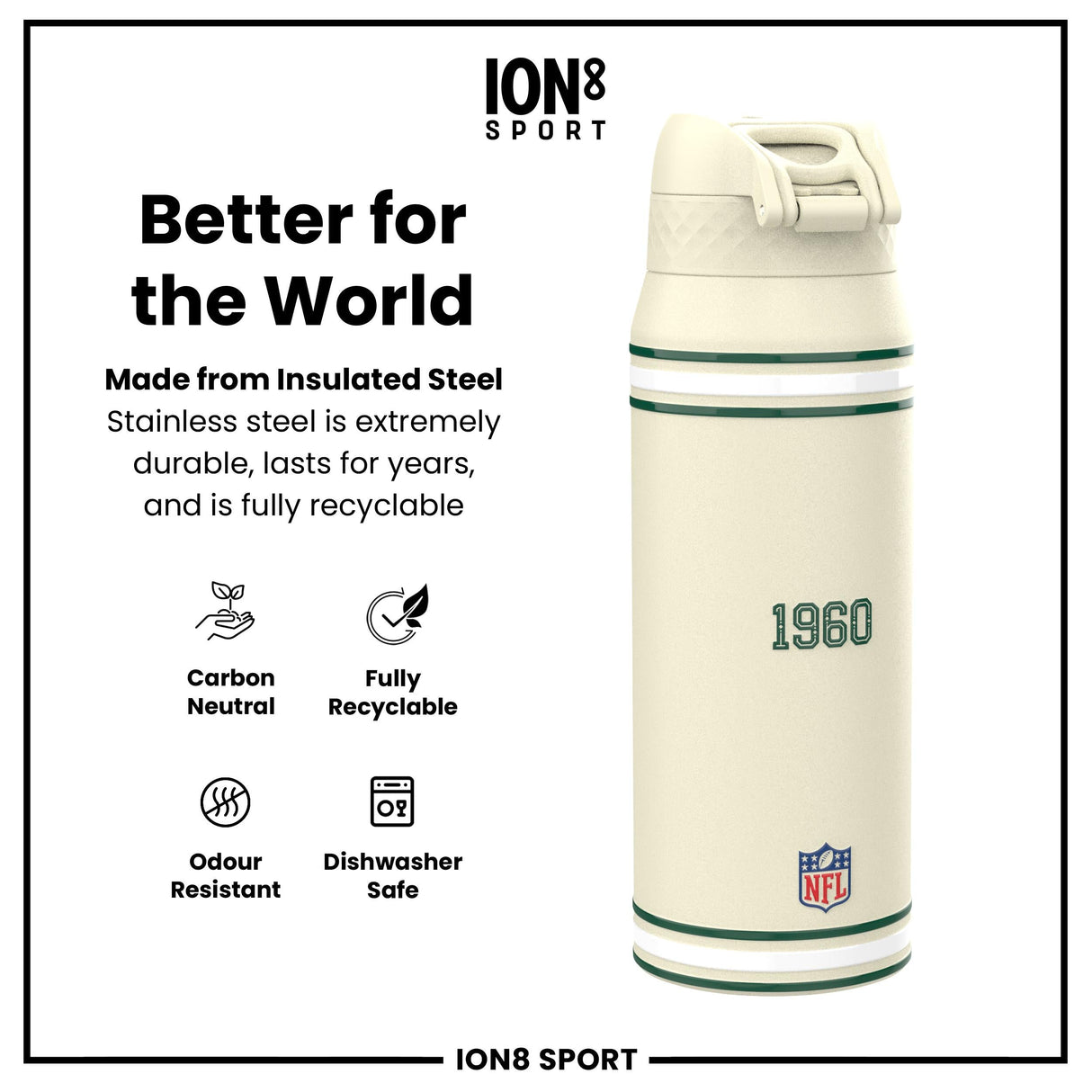 NFL x ION8 Insulated Steel Water Bottle, NFL Jets, 750ml (24oz)
