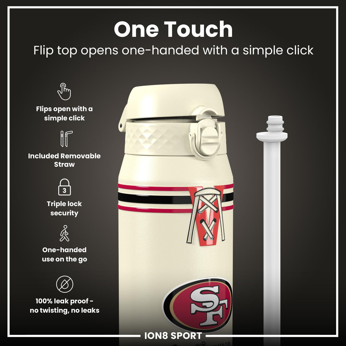 NFL x ION8 Insulated Steel Water Bottle, NFL 49ers, 750ml (24oz)