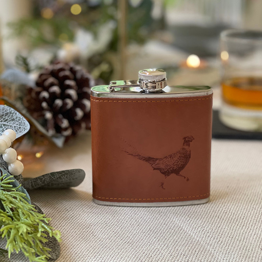 Selbrae House Pheasant Leather Hip Flask