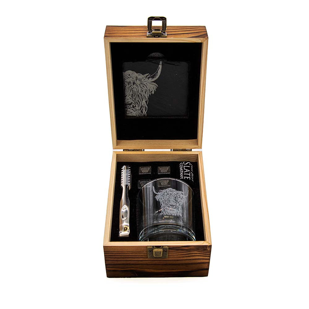 Highland Cow Drinks Set - Whisky Glass, Slate Coaster & Whisky Stones