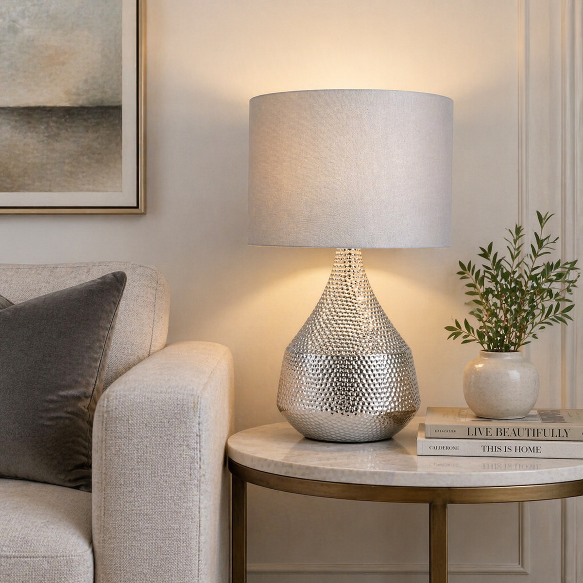 Pagazzi Julietta Silver Ceramic Touch Lamp with Taupe Shade