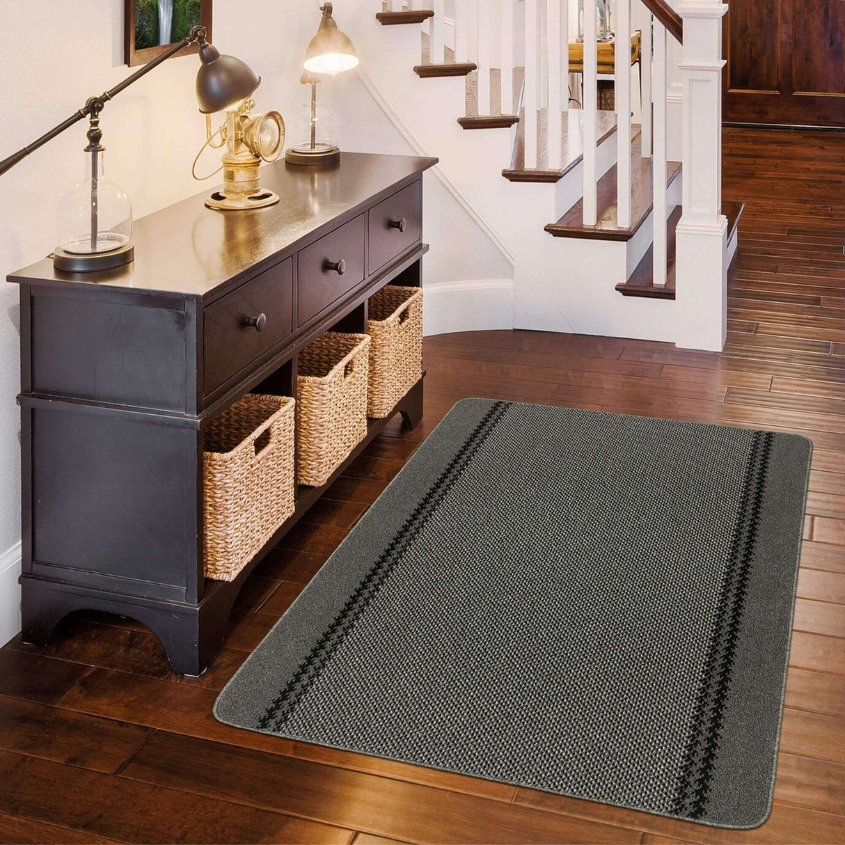 Washable Bordered Dark Grey Rug 116D | The Rugs