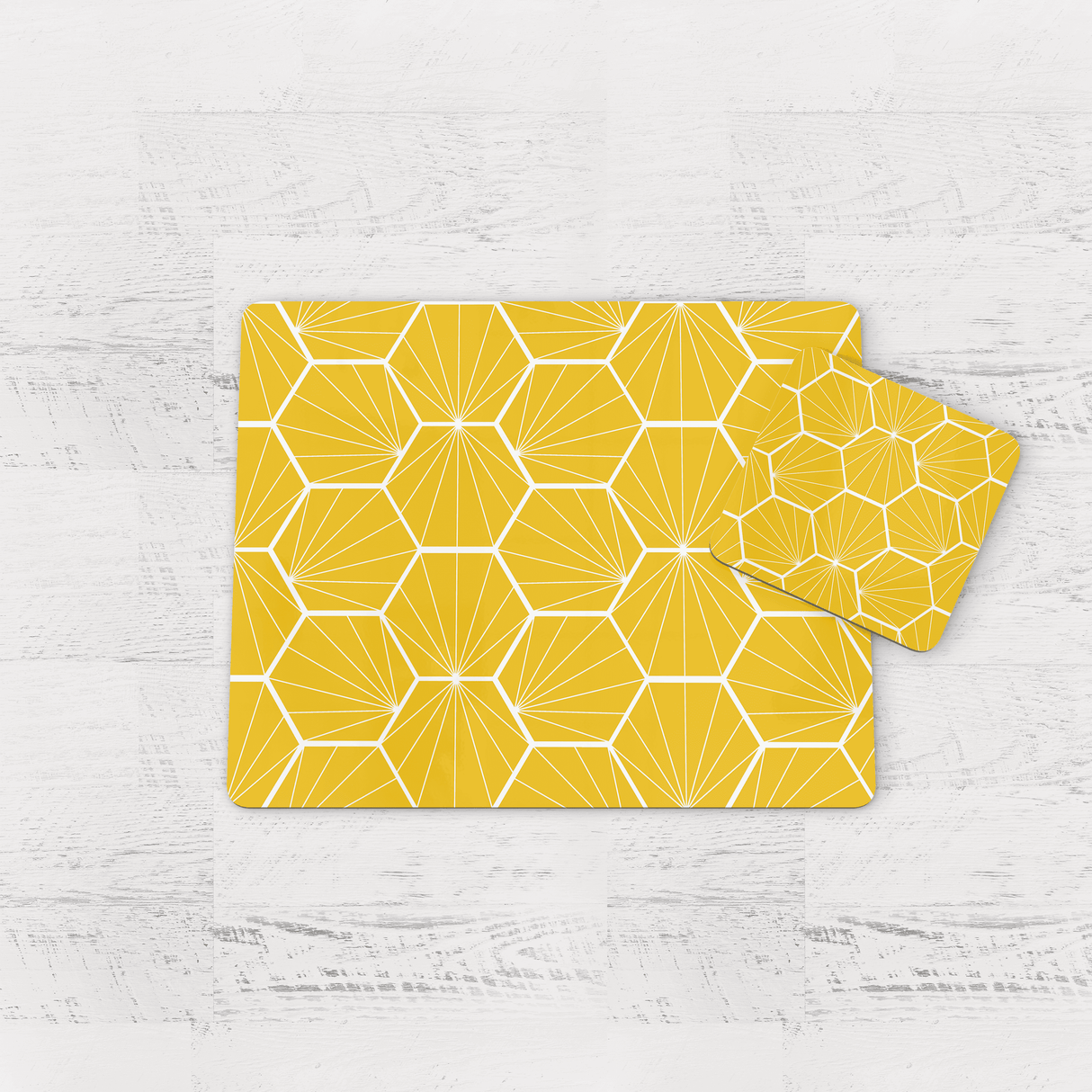 Shadowbright Lemon Yellow Geometric Hexagons Placemats, Set of 4/6