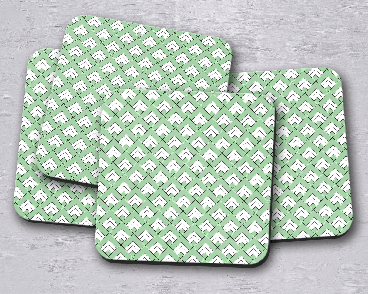 Shadowbright Green and White Geometric Tiles Design Coasters - 9cm x 9cm