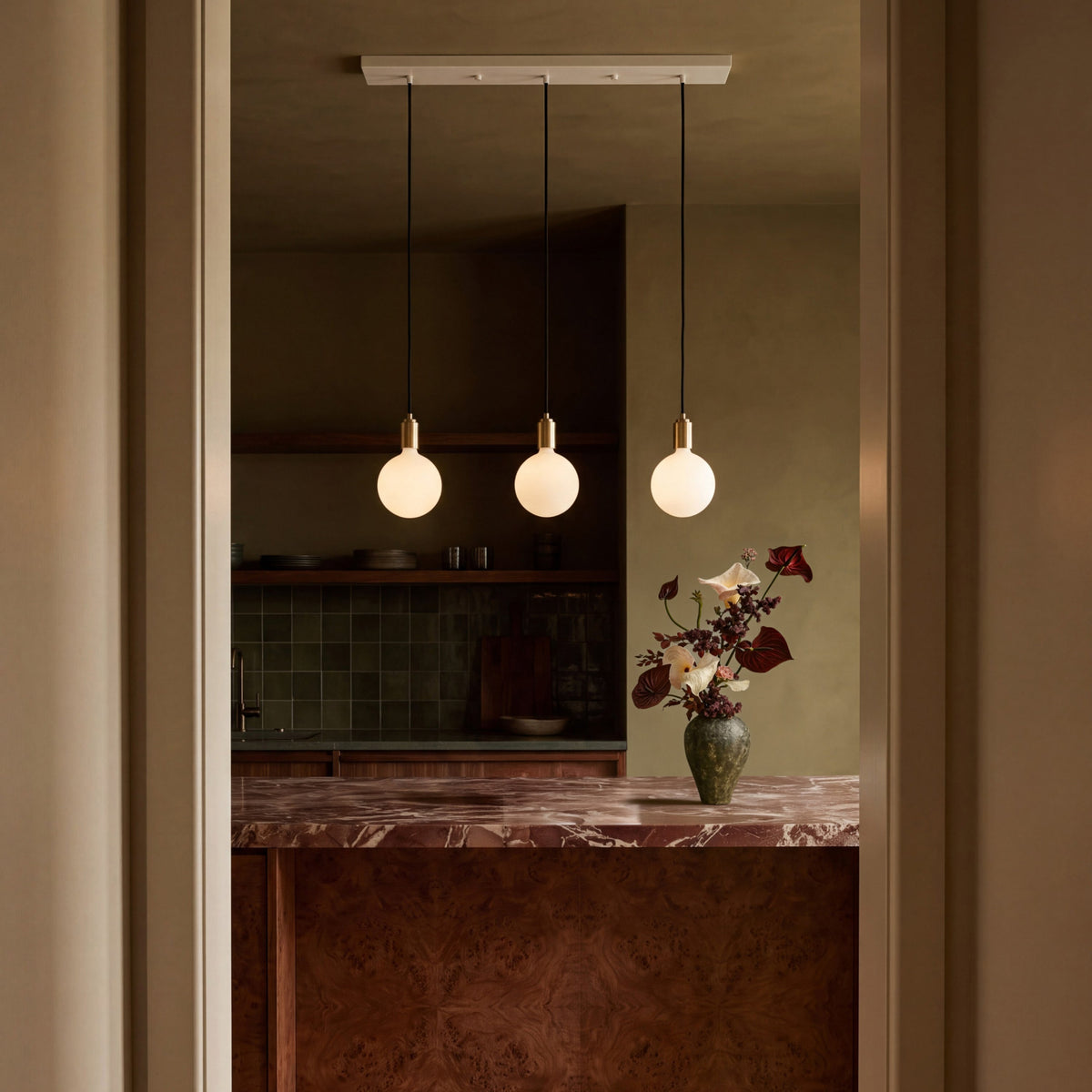 Tala Linear Triple Pendant Light in Brass with Sphere IV