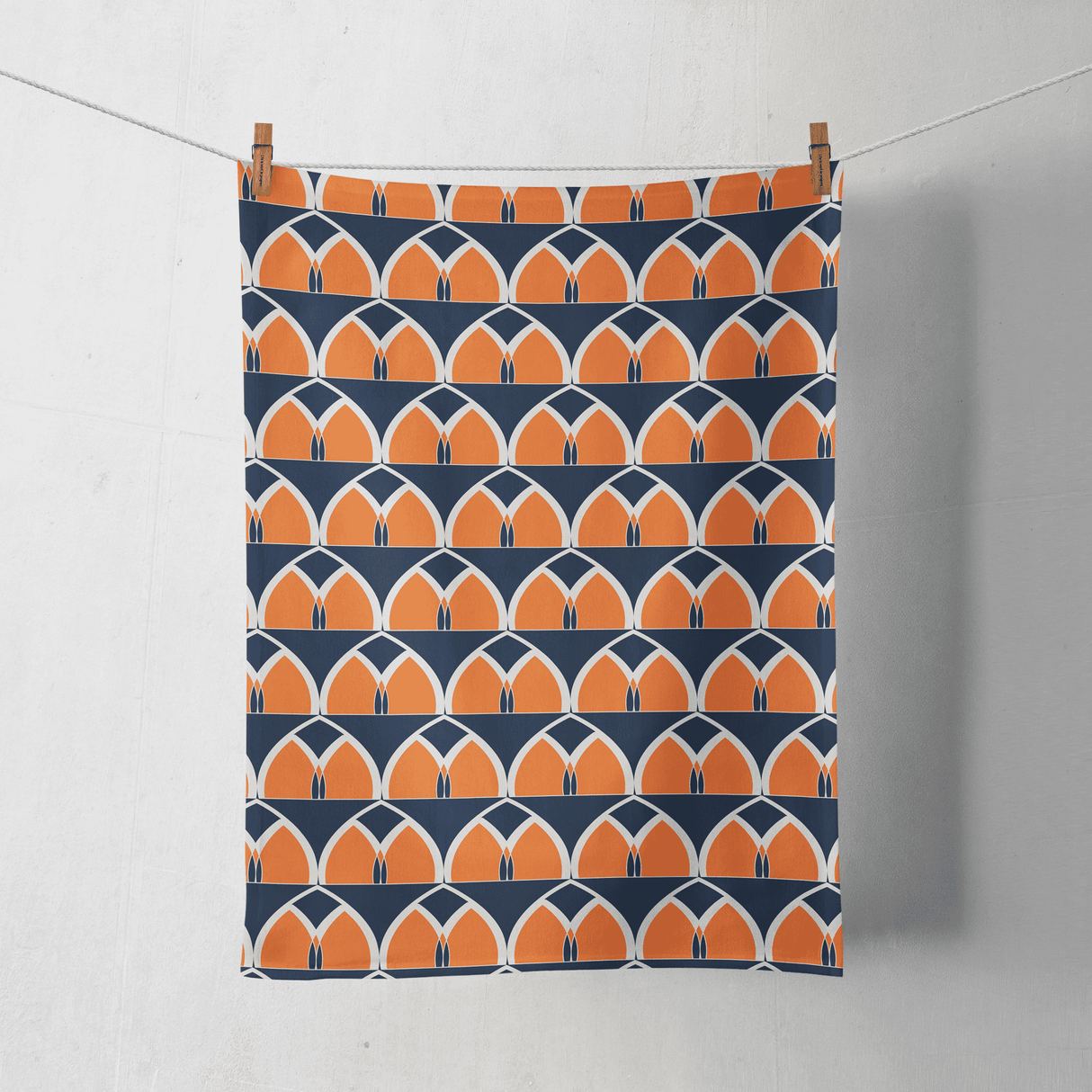 Shadowbright Blue/Orange Tea Towel with Geometric Arches Design