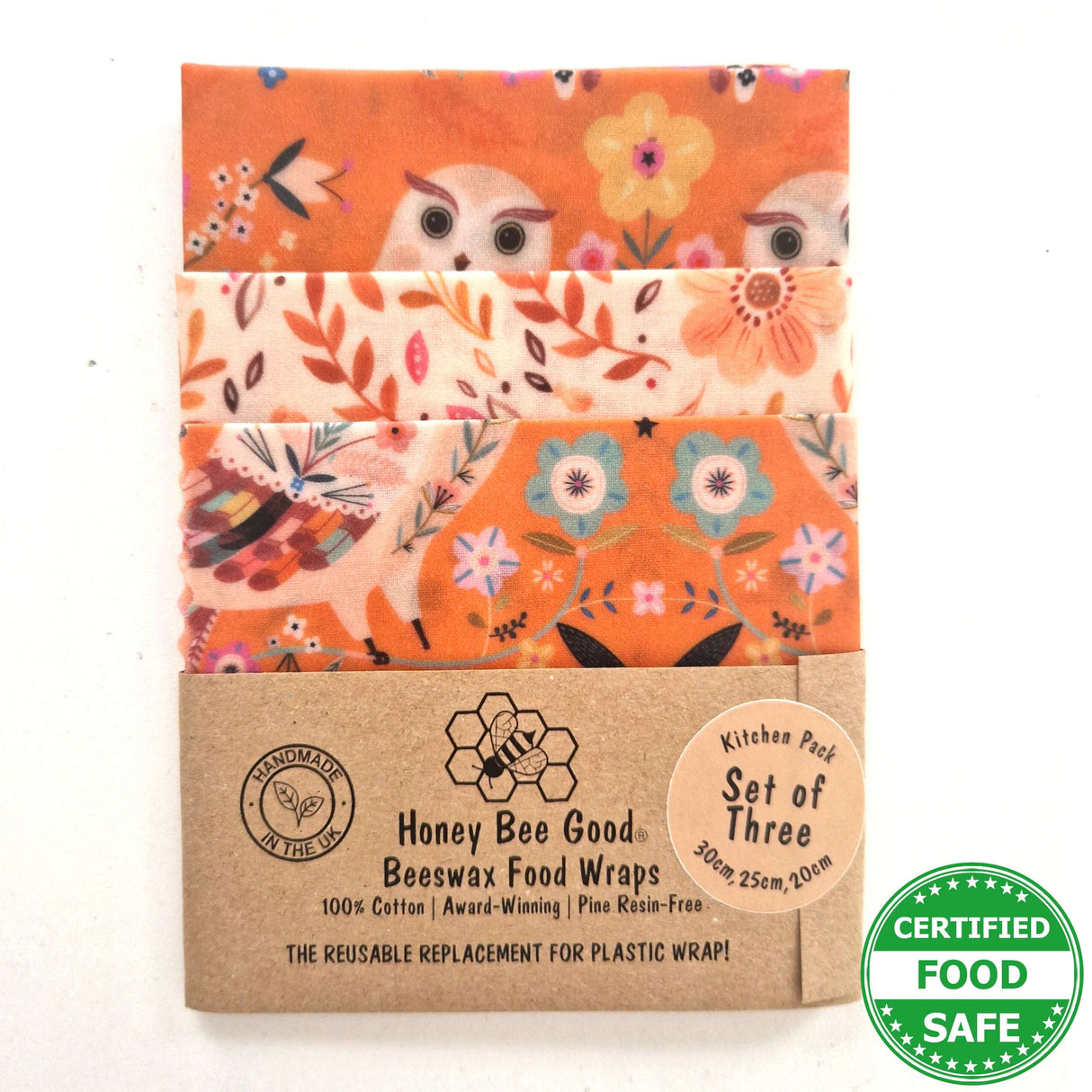 Honey Bee Good Handmade Beeswax Wraps Owl - Set of 3
