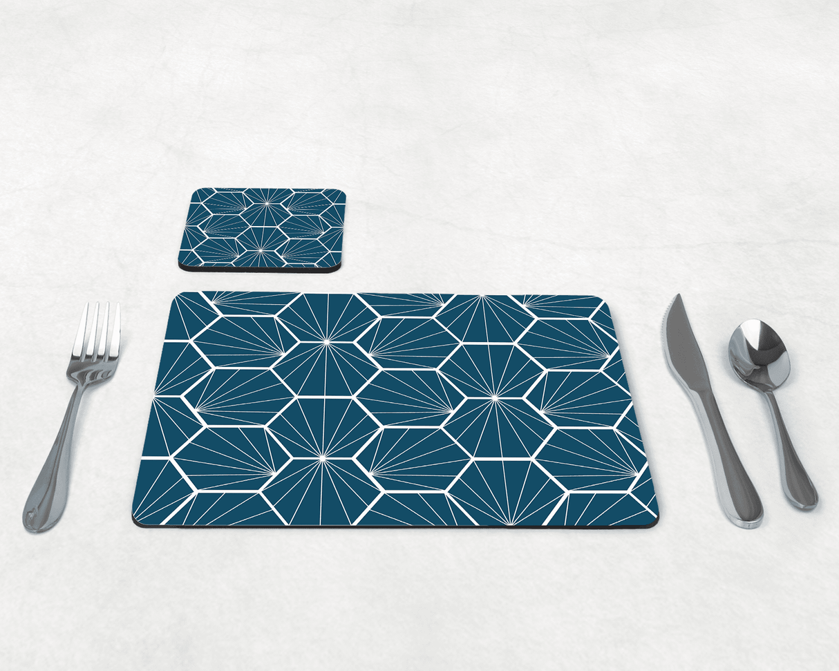 Shadowbright Peacock Blue Geometric Hexagons Placemats, Set of 4/6