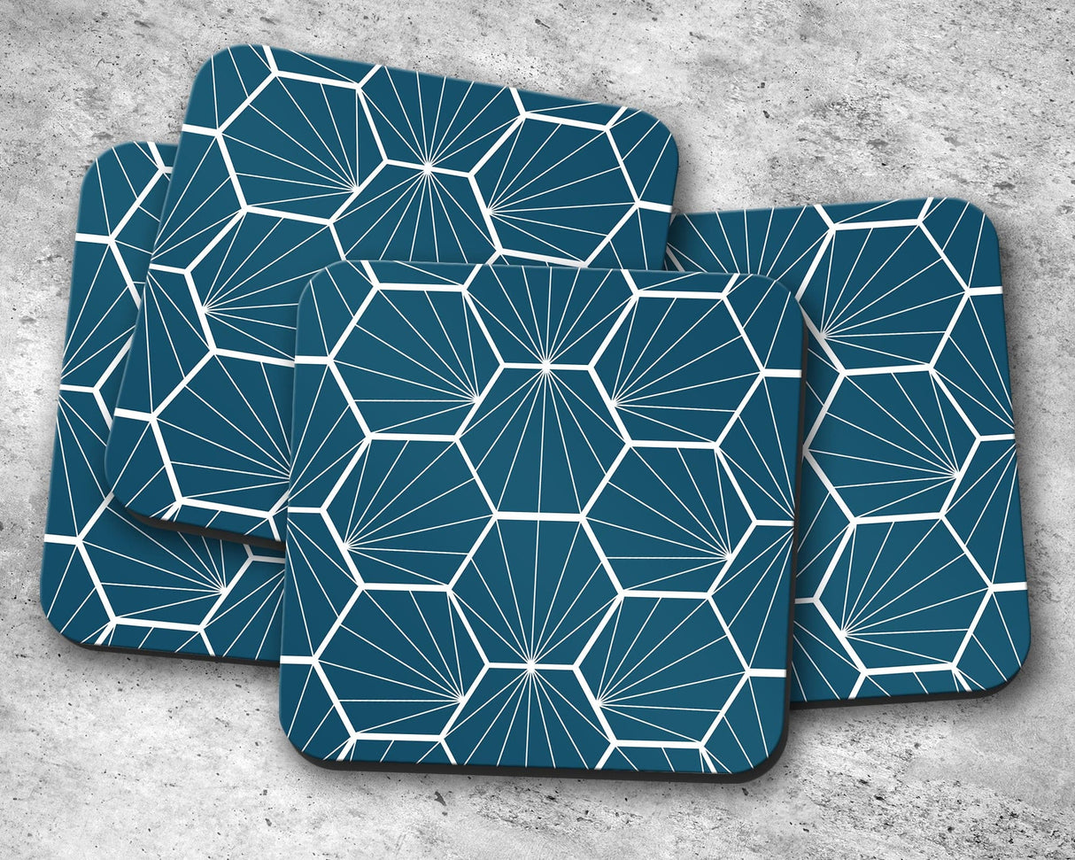 Shadowbright Peacock Blue Geometric Hexagons Placemats, Set of 4/6