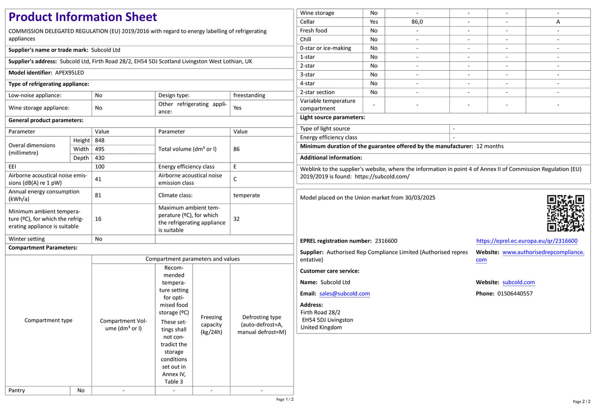 Subcold Apex95 Beer Fridge | 86L