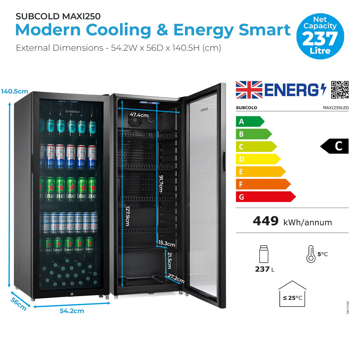 Subcold Maxi250 Tall Drinks Fridge Black - 237L