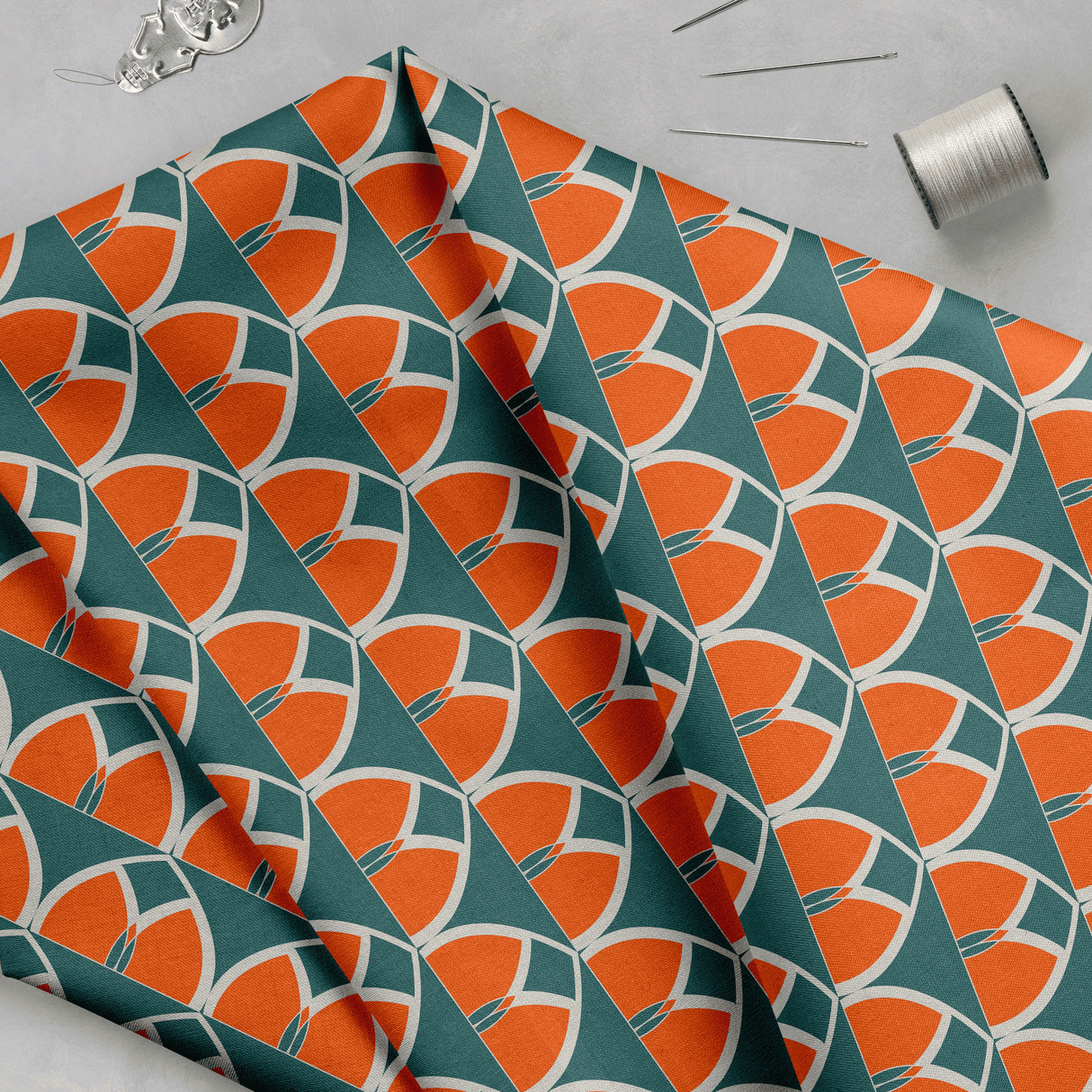 Shadowbright Teal and Orange Retro Geometric Cotton Drill Fabric
