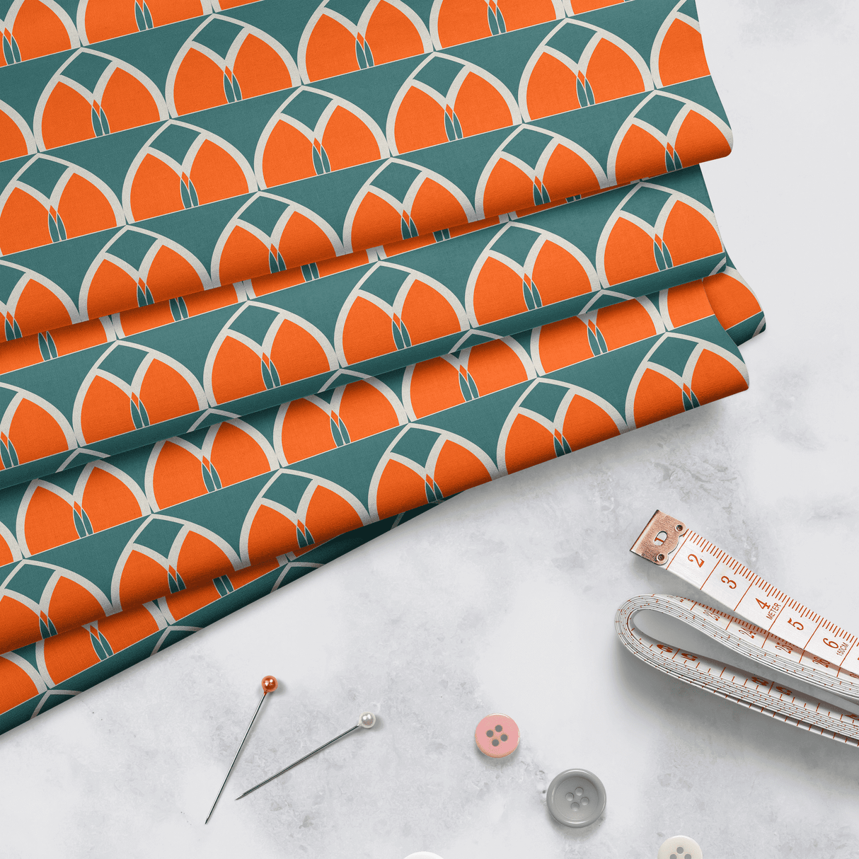 Shadowbright Teal and Orange Retro Geometric Cotton Drill Fabric