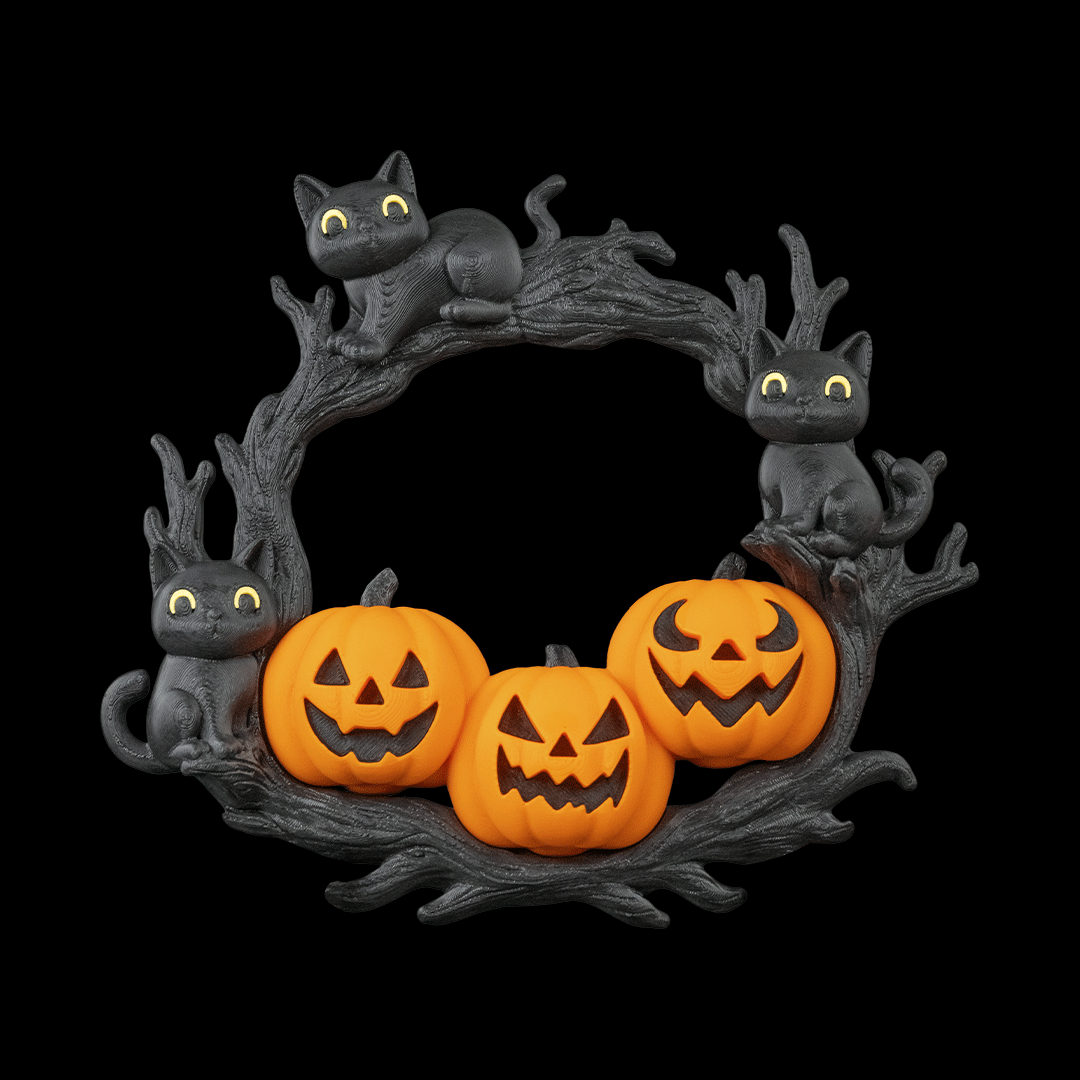 Filamora Studios Cozy Patch Wreath Halloween Kitty Pumpkin Decor