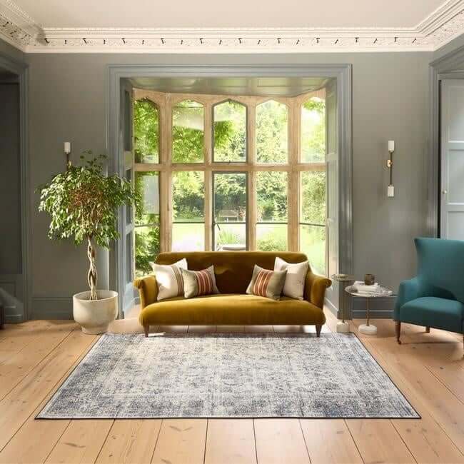 Eco Washable Blue Rug Bordered Design – Easy Care | The Rugs