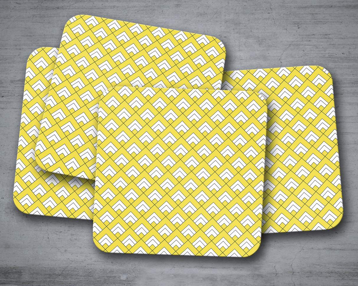 Shadowbright Yellow and White Geometric Tiles Design Coasters - 9cm x 9cm