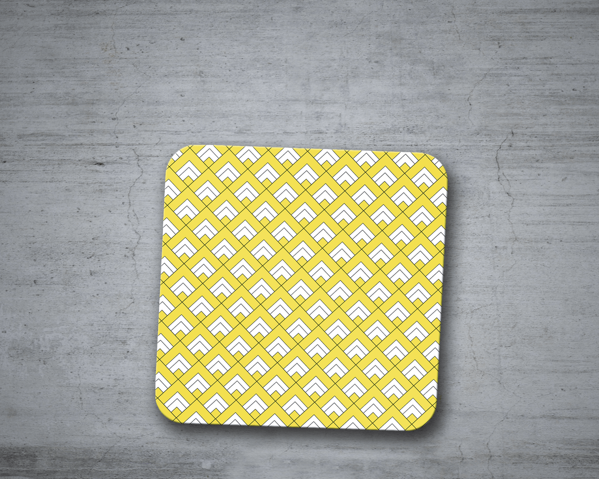 Shadowbright Yellow and White Geometric Tiles Design Coasters - 9cm x 9cm