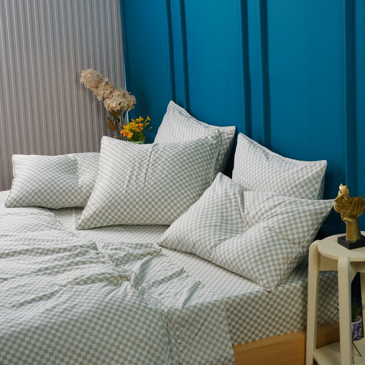 SHEET STORY Ackly Bamboo Sage Green Checkerboard Bedding Set