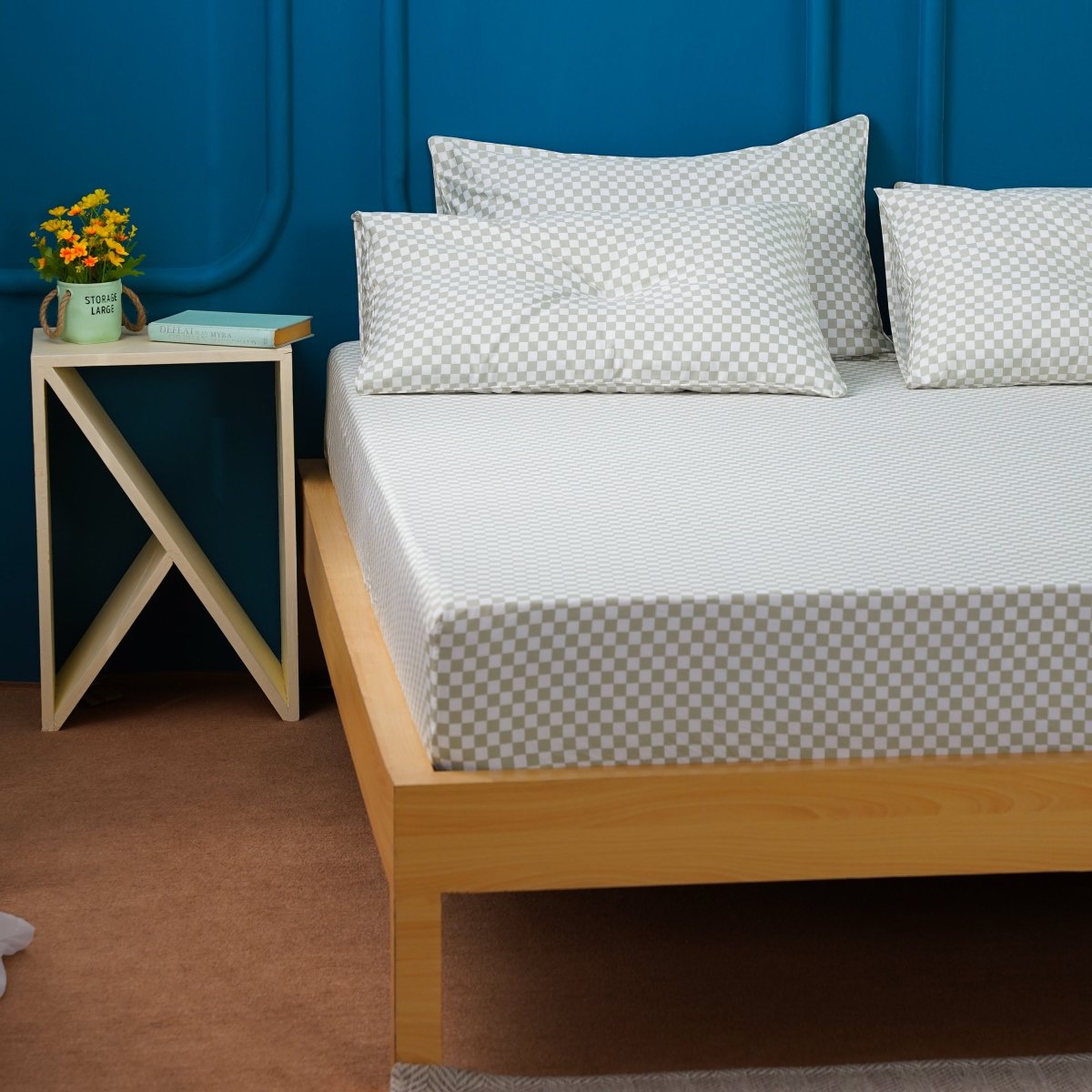 SHEET STORY Ackly Bamboo Sage Green Checkerboard Fitted Sheet