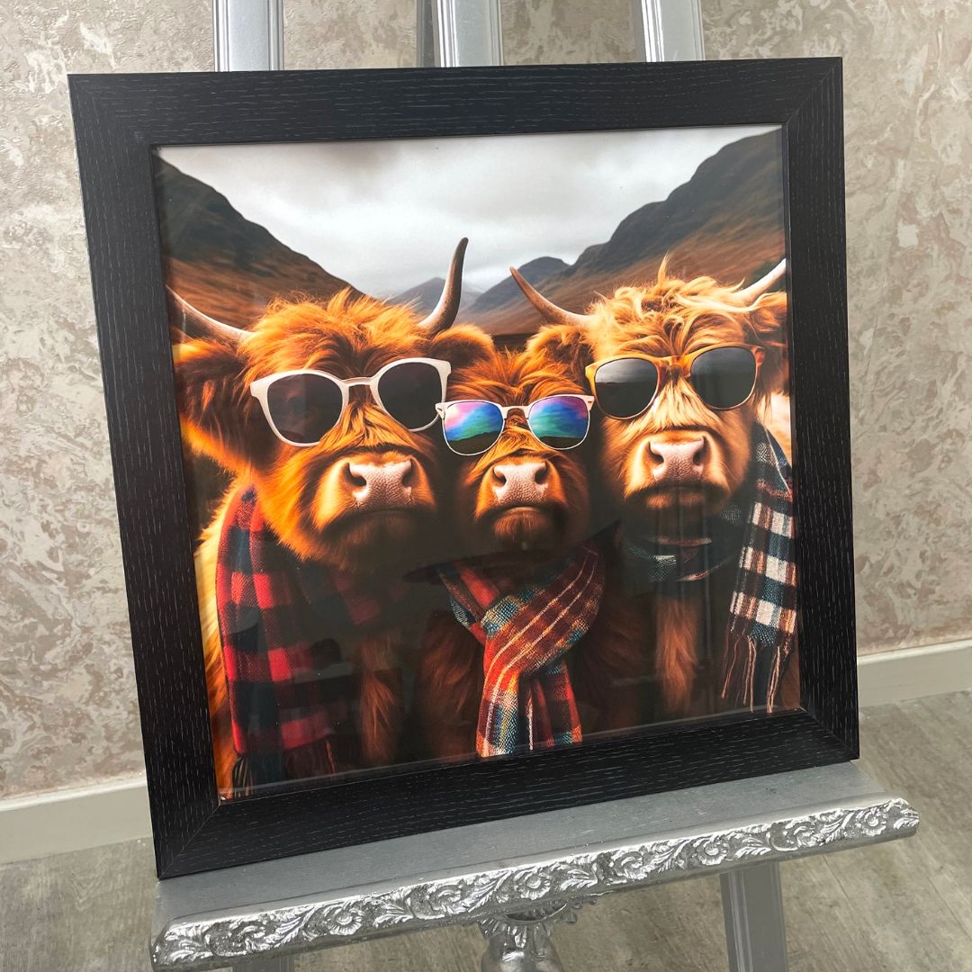 Pagazzi Highland Cows Trio in Sunglasses Wall Art with Black Frame