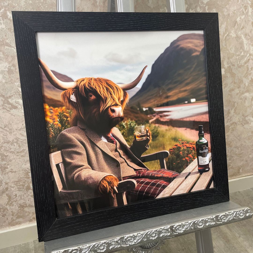 Pagazzi Highland Cow in Suit Wall Art with Black Frame