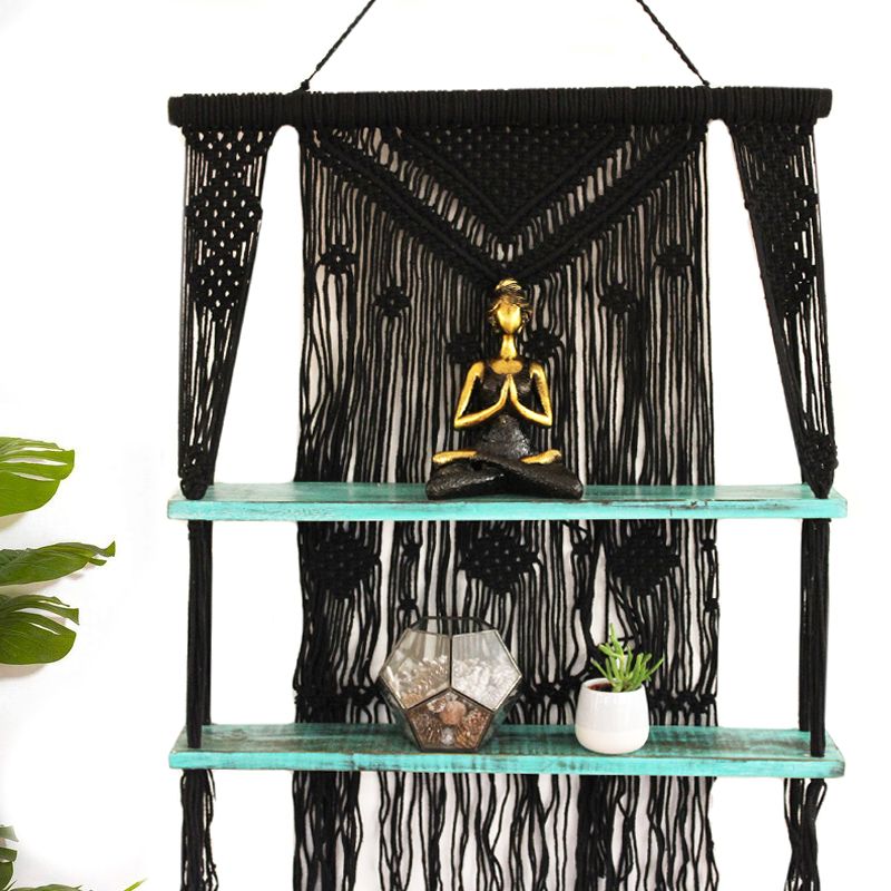 HatiNest Black Macrame Hanging Shelves - Turquoise