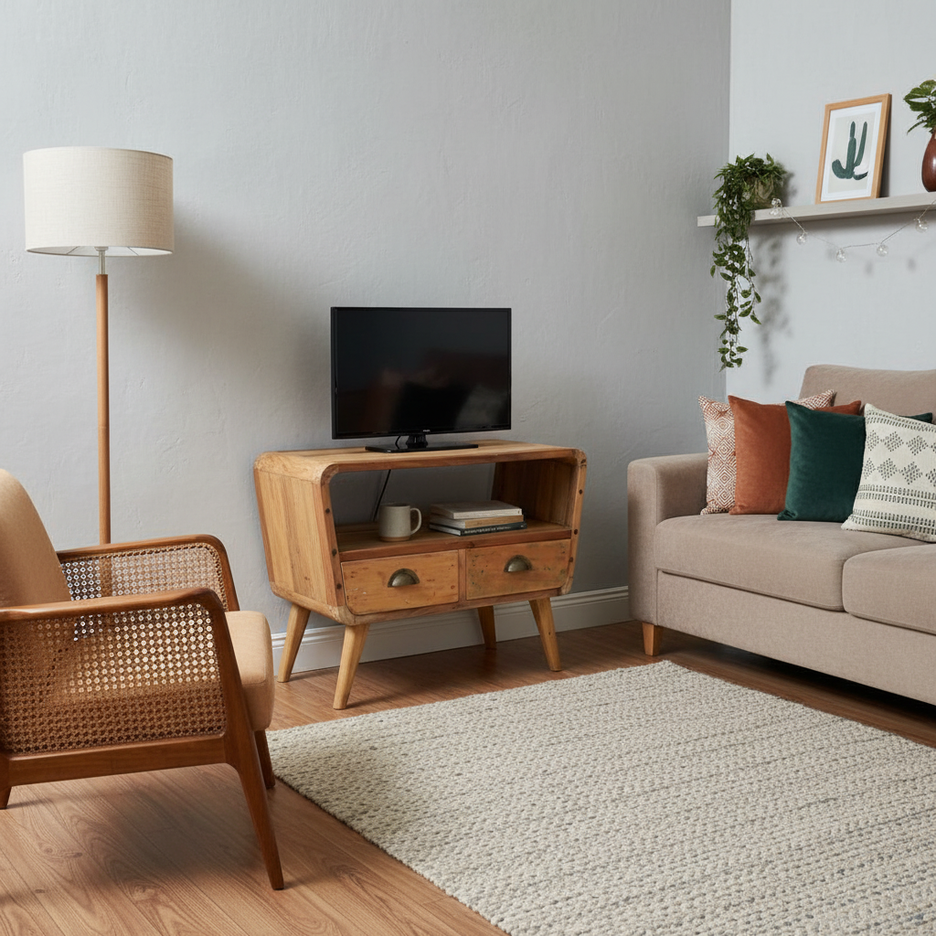 HatiNest Recycled Teak Wood Small TV Stand with 2 Drawers - 81x49x41cm