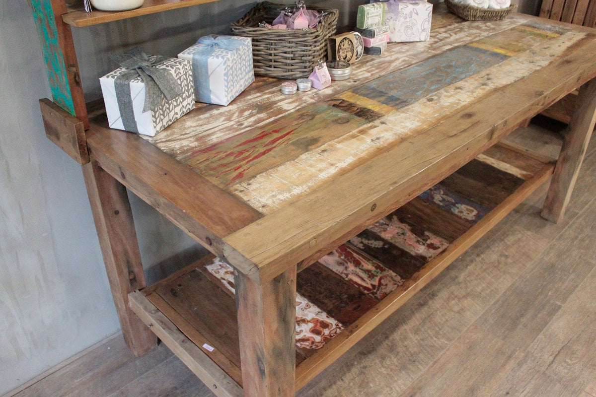 HatiNest Recycled Teak Wood Dining Table with Top Shelf - 220x80x80cm