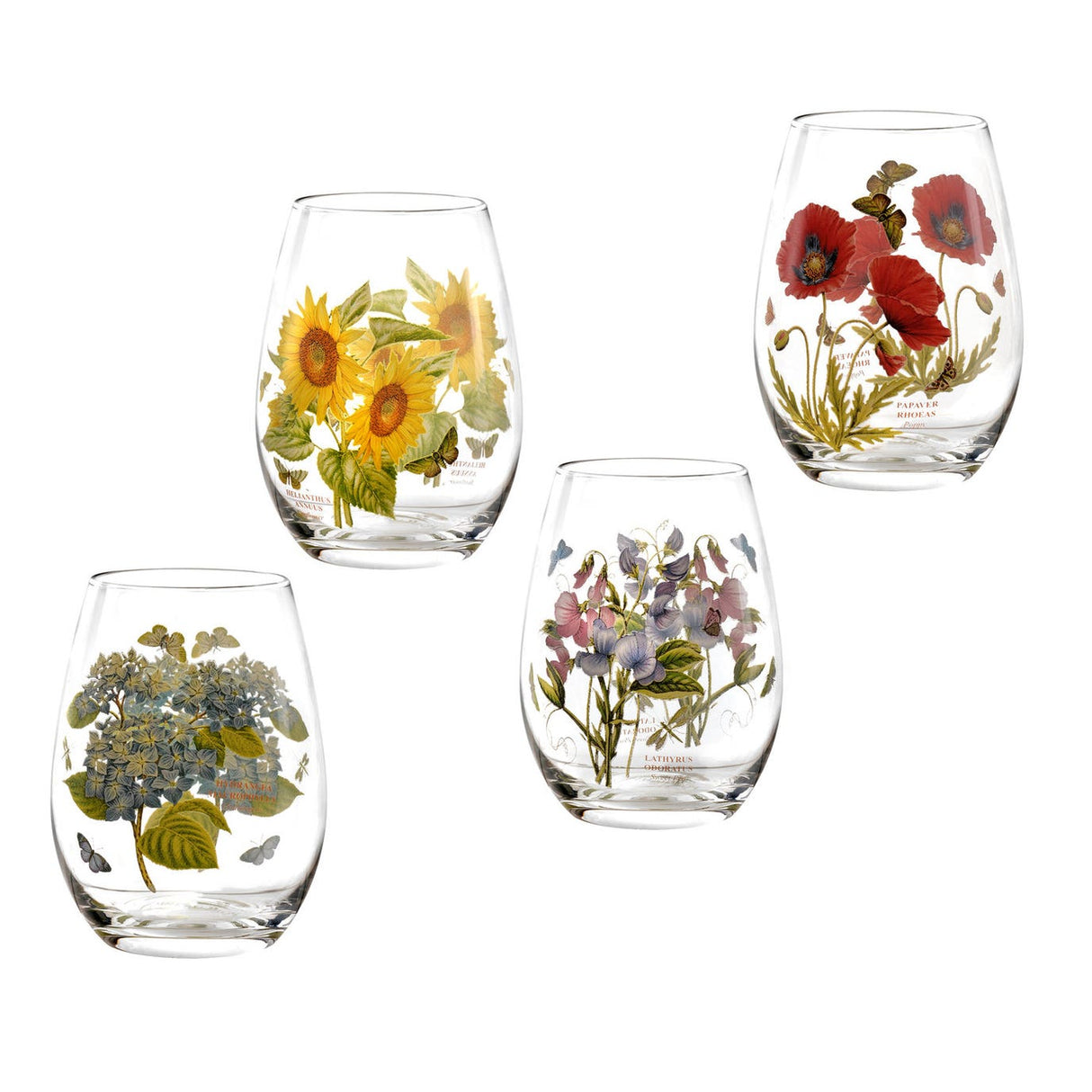 Portmeirion Botanic Garden Set of 4 Stemless Wine Glasses, Assorted Motifs