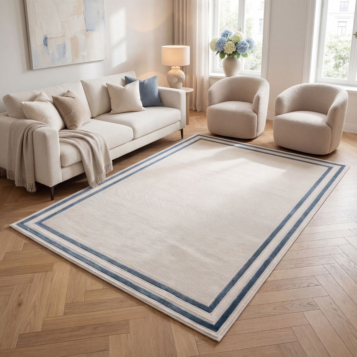Carmel Cream‑Blue Bordered Rug 6060 | The Rugs