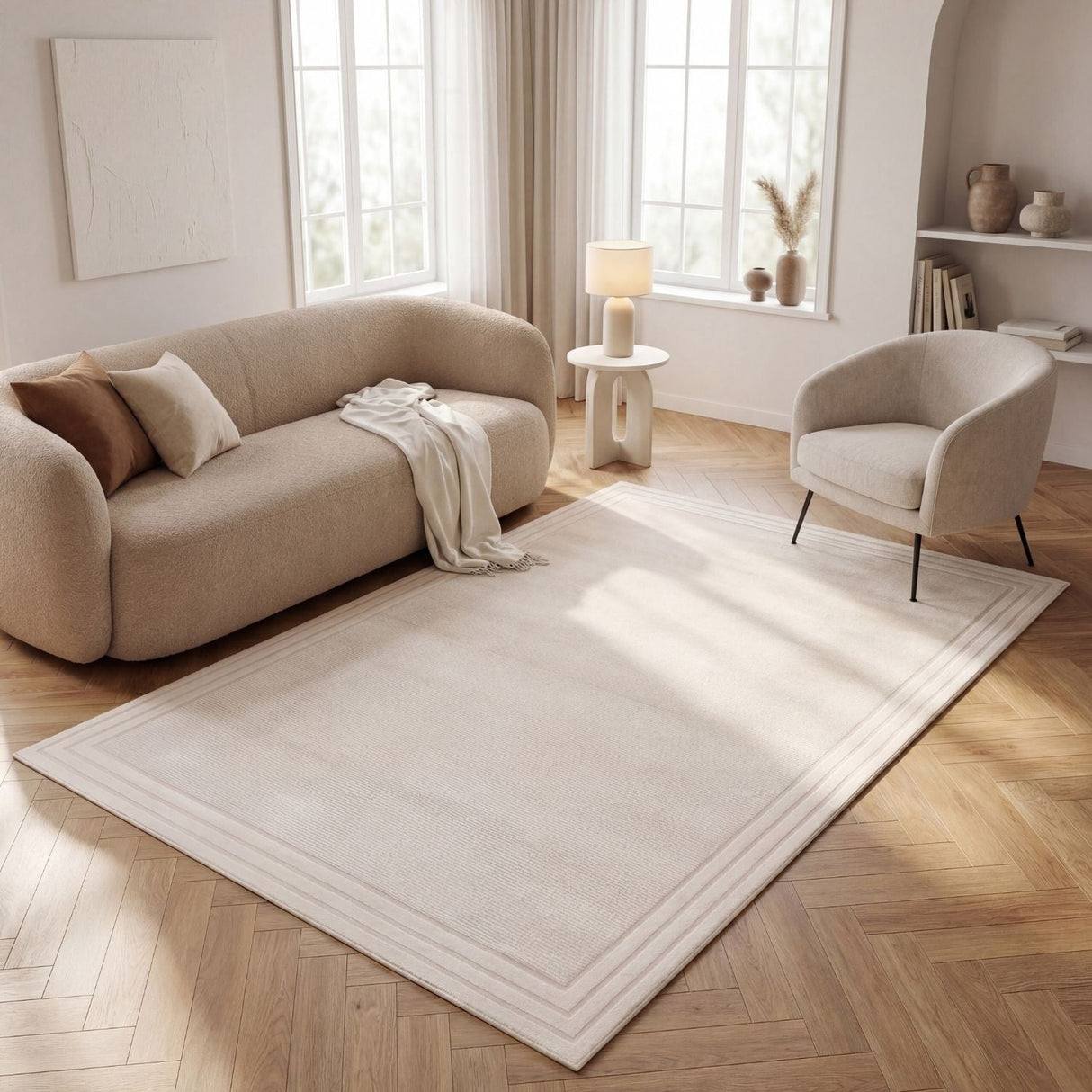 Carmel Cream Bordered Rug | 6060 - Plush 10mm pile