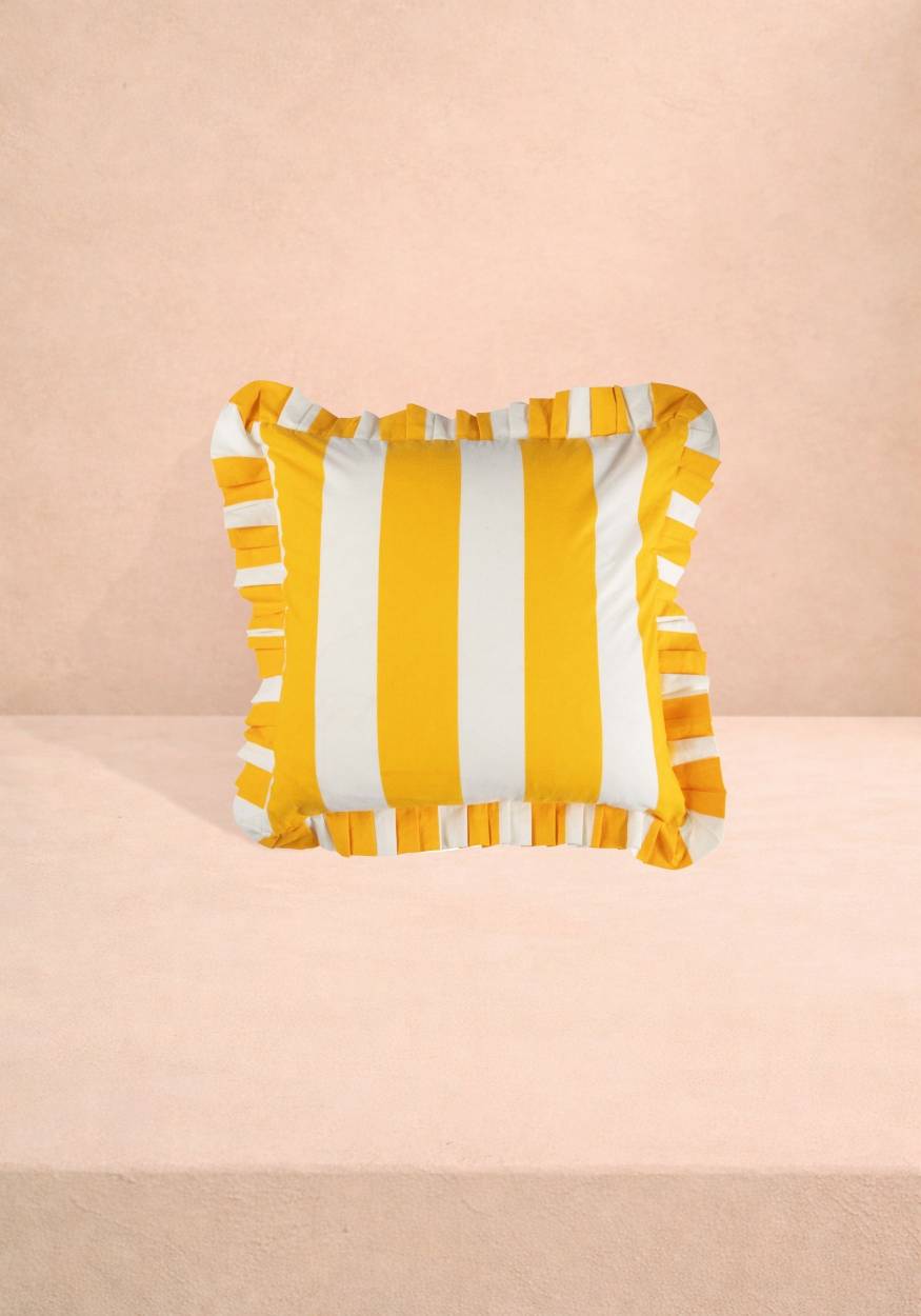 Yellow Cabana Stripe Ruffled Cushion Cover | Casa by Josephine Jenno