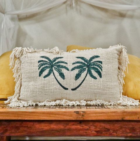 HatiNest Linen Cushion Cover Palm Tree with Fringe - 30x50cm