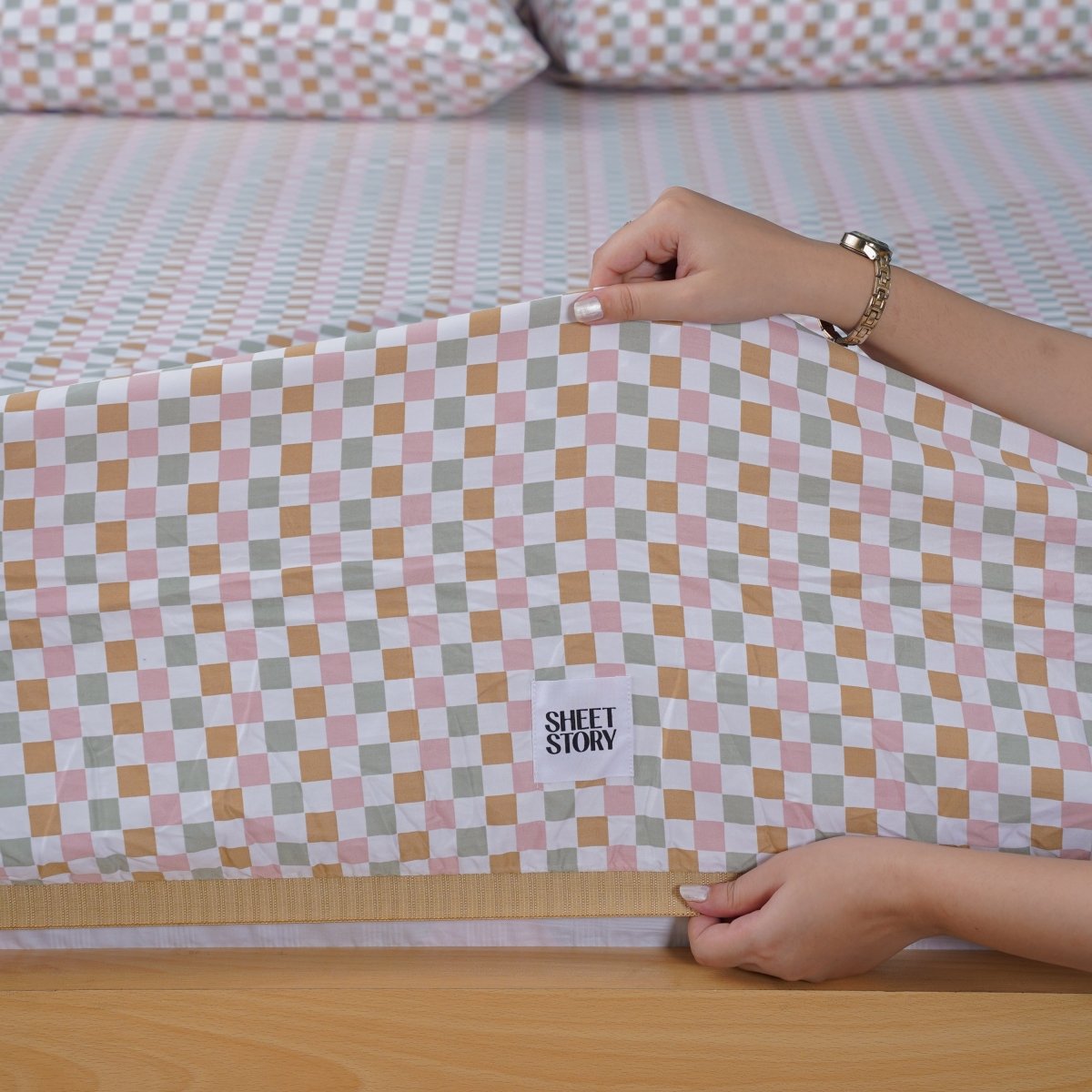 SHEET STORY Ella Cotton Gems Checkerboard Fitted Sheet
