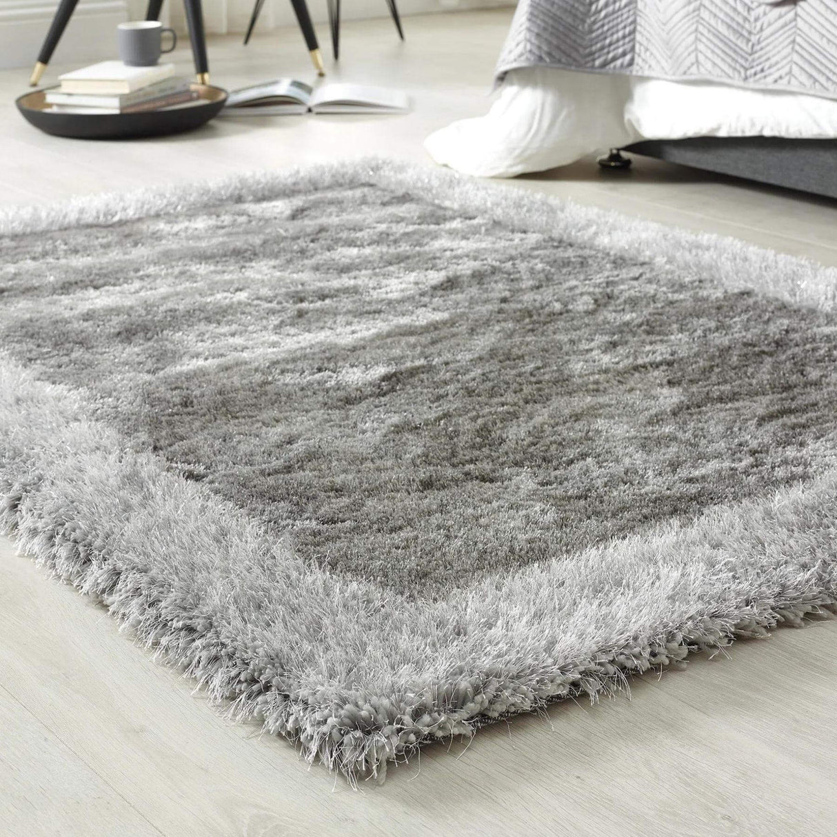 The Rugs Shimmer Silver Grey Bordered Shaggy Rug
