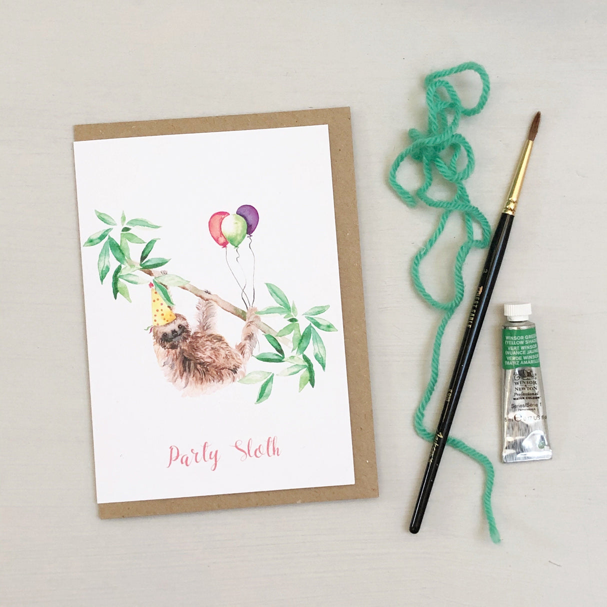 Party Sloth Hand Painted Greetings Card | Katie Hipwell Design