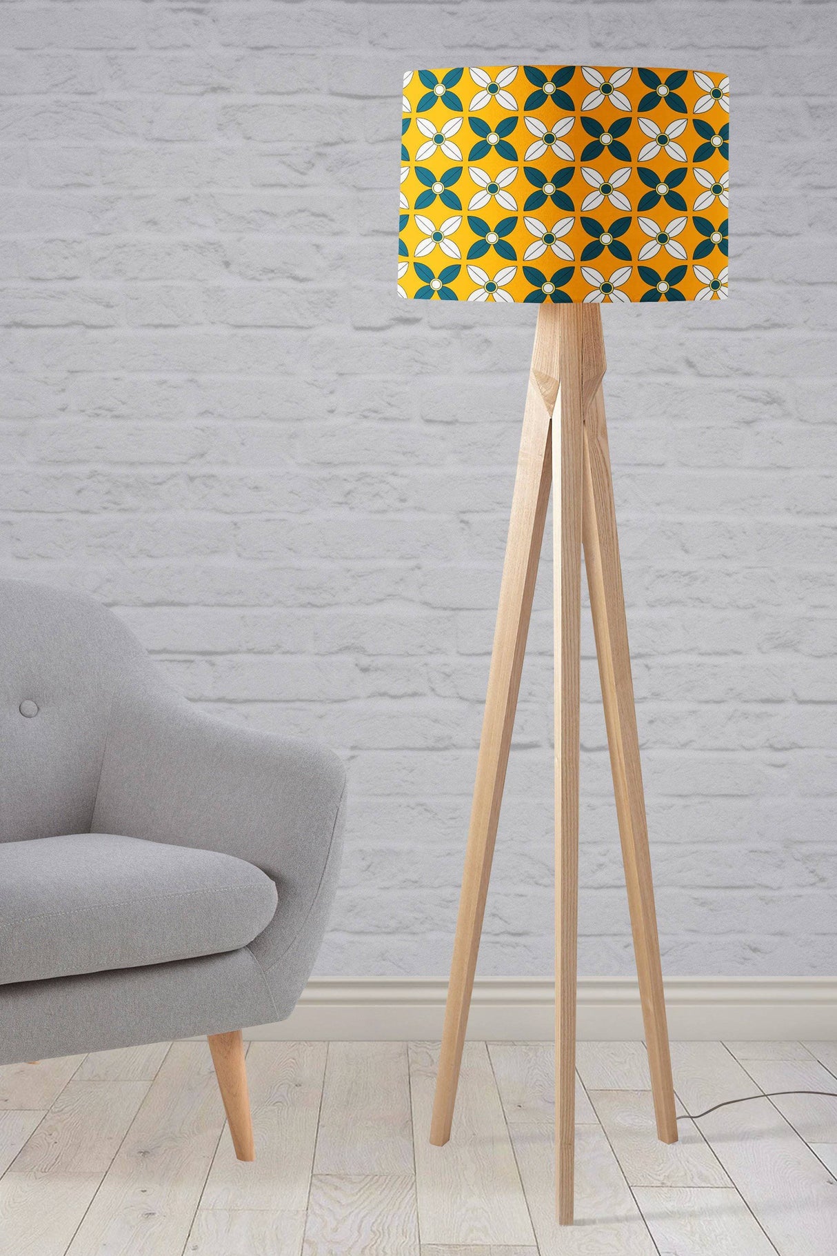 Shadowbright Yellow Lampshade with Retro Blue and White Design