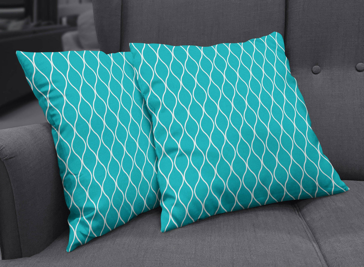 Shadowbright Turquoise Cushion with White Geometric Design, Throw Pillow