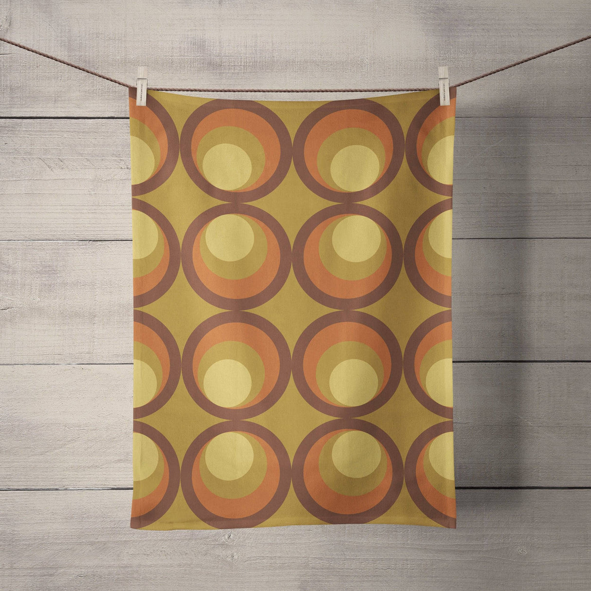 Shadowbright Mustard Yellow Tea Towel with Orange and Brown Retro Design
