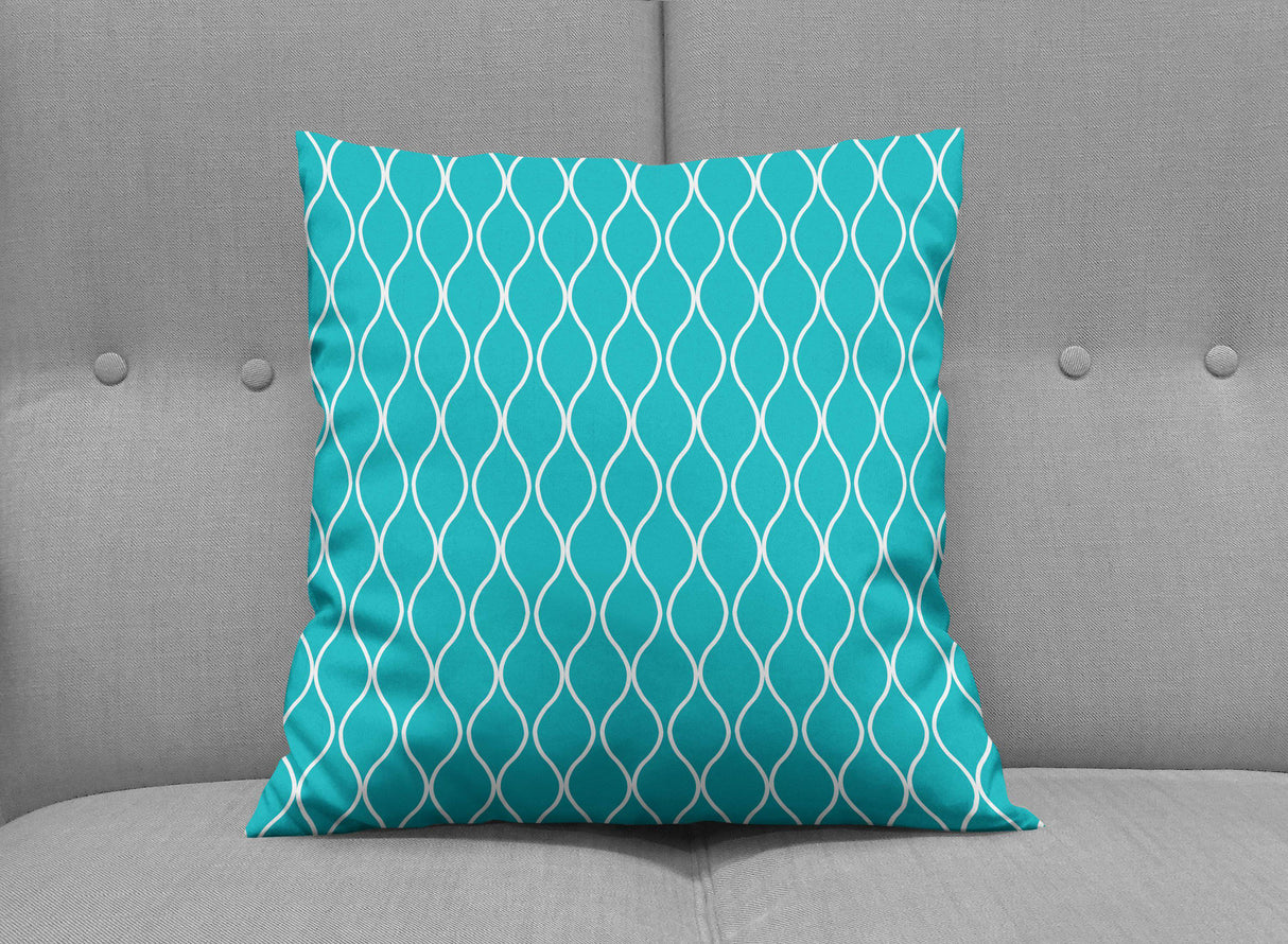 Shadowbright Turquoise Cushion with White Geometric Design, Throw Pillow
