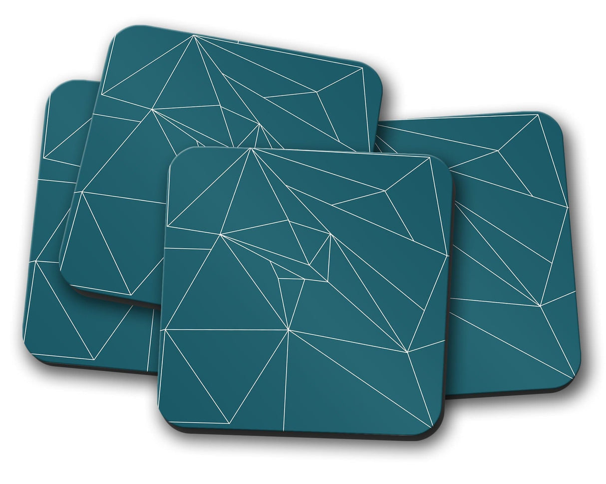 Shadowbright Teal Coasters with a White Line Geometric Design - 9cm x 9cm